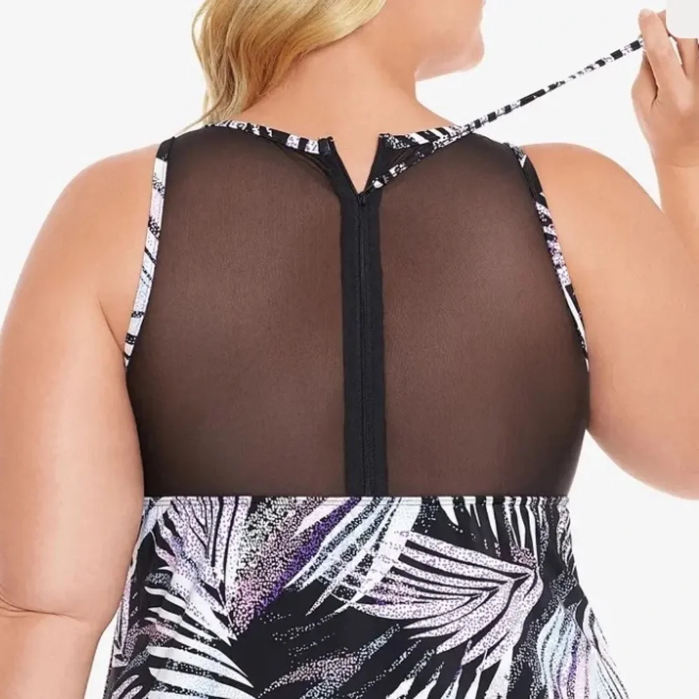 Swim Solutions Plus Sprinkle Leaf Tummy-Control Mesh 1 Piece Swimdress Swimsuit - Picture 6 of 10